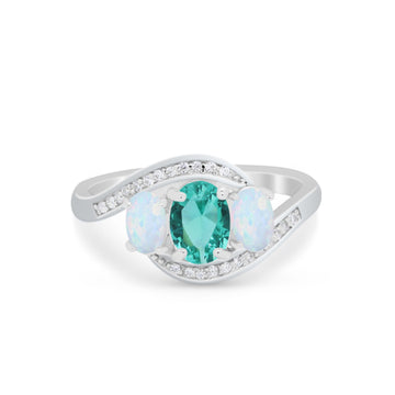 3-Stone Swirl Wedding Ring Oval Simulated Paraiba Tourmaline CZ 925 Sterling Silver